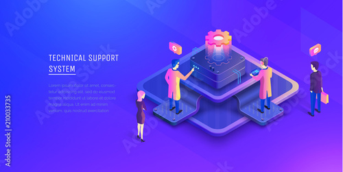 System of technical support. People interacting with the technical support center. Modern vector illustration isometric style.