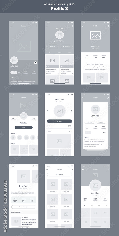 Wireframe kit for mobile phone. Mobile App UI, UX design. New profile screens: home, feed, about, photos, followers, messages, friends, profile, info, search. Wireframe kit for mobile phone. Mobile App UI, UX design. New profile screens: home, feed, about, photos, followers, messages, friends, profile, info, search.