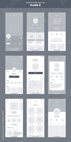 Wireframe kit for mobile phone. Mobile App UI, UX design. New profile screens: home, feed, about, photos, followers, messages, friends, profile, info, search.