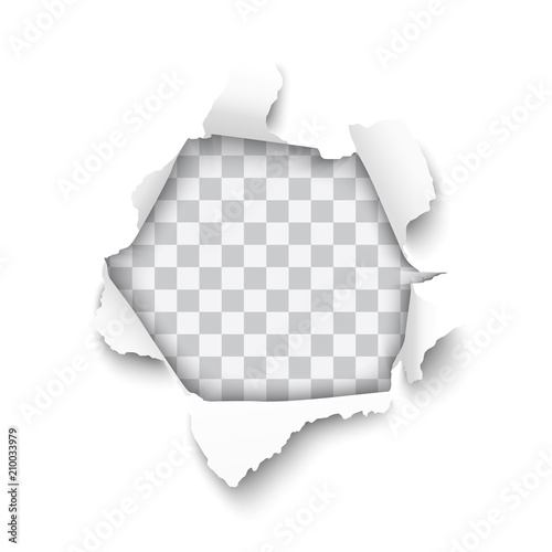 Vector realistic hole torn in white paper with rolled edges and transparent background