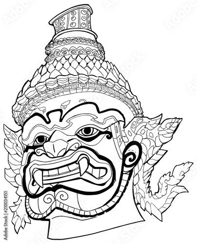 Thai Demon Black and White / Hand drawn black and white portrait illustration of Thai Demon.
