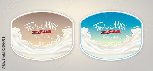 Splash of milk, with a set of inscription as set design elements for label or packaging of dairy products