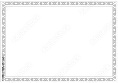 Decorative ornament border or frame in white with black outlines isolated on white background for photo, picture, book sheet, letter, decoration, inscription, text, document