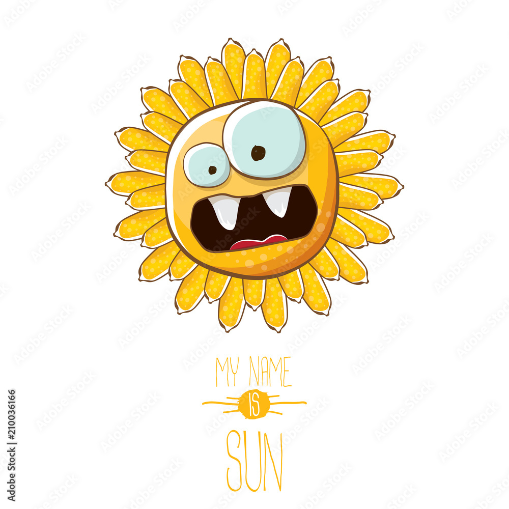 vector funky cartoon style summer sun character isolated on white background. My name is sun concept illustration. funky kids summer character with eyes and mouth