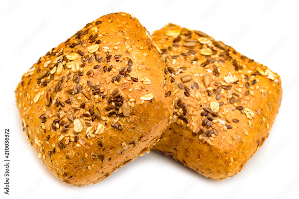 Roll breads with seeds isolated on white background Roll breads with seeds isolated on white background