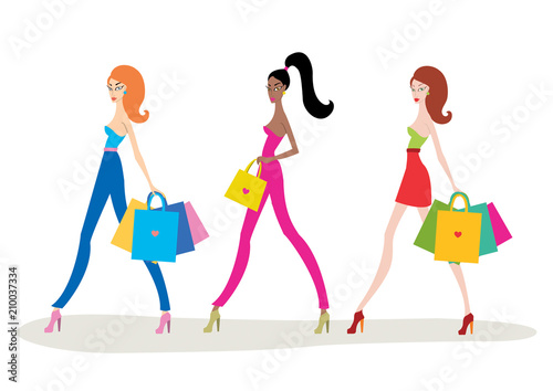 Beautiful young women with shopping bags isolated on white background