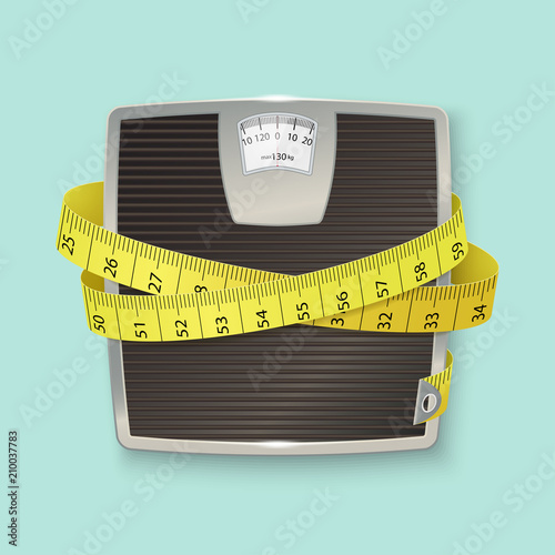 Weights and tape measure. Floor scales. Vector illustration