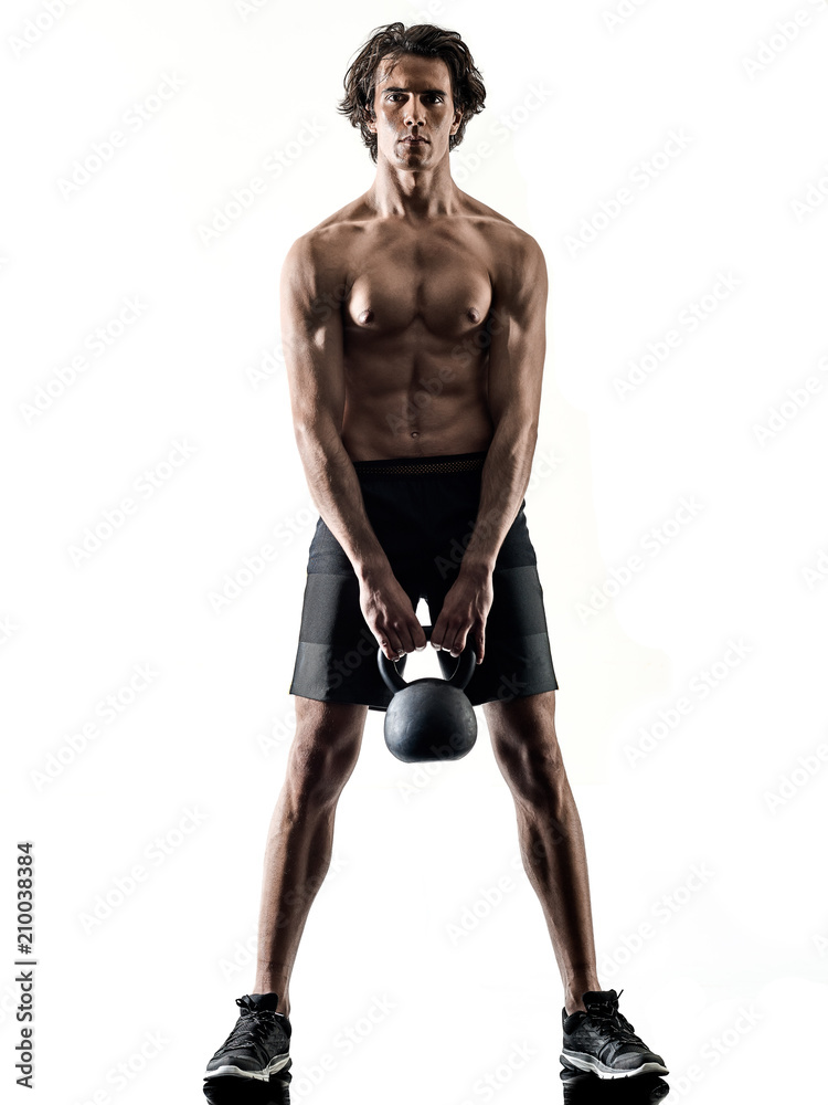 one caucasian man fitness weitghs training exercises studio in silhouette isolated on white background one caucasian man fitness weitghs training exercises studio in silhouette isolated on white background
