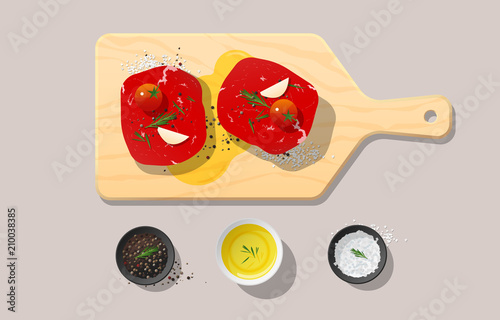 Fresh raw beef, tenderloin steak and spices on wooden cutting board, food preparation, vector, illustration