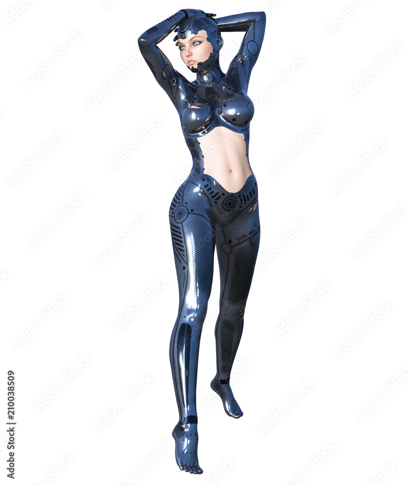 Robot woman. Metal droid with woman's face. Artificial Intelligence. Conceptual fashion art. Realistic 3D render illustration. Studio, isolate, high key. Robot woman. Metal droid with woman's face. Artificial Intelligence. Conceptual fashion art. Realistic 3D render illustration. Studio, isolate, high key.