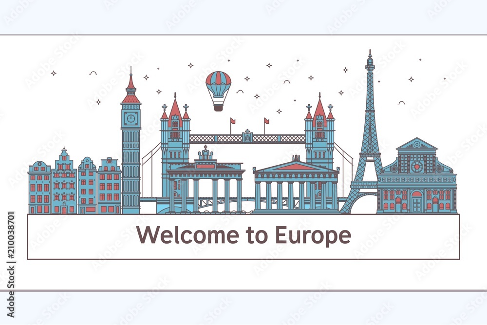 Welcome to Europeposter with famous attractions illustration. Travel on the world concept Vector illustration