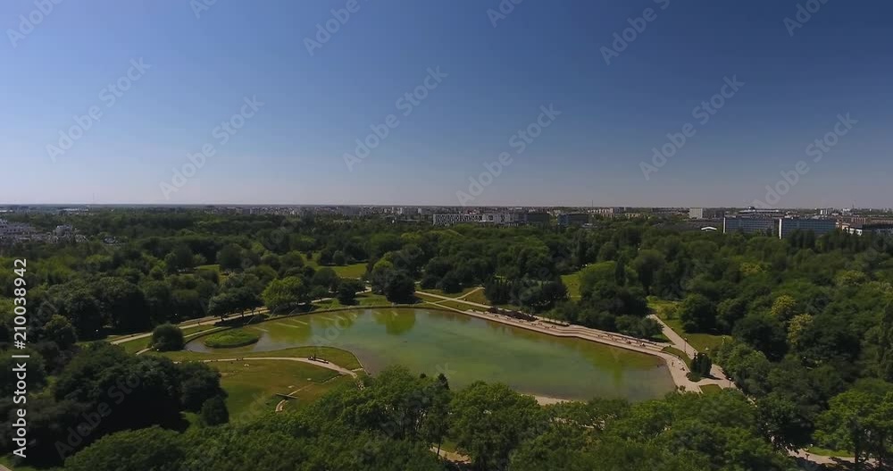 Revealing Aerial View Of Lake In Pole Mokotowskie Park In Warsaw Revealing Aerial View Of Lake In Pole Mokotowskie Park In Warsaw