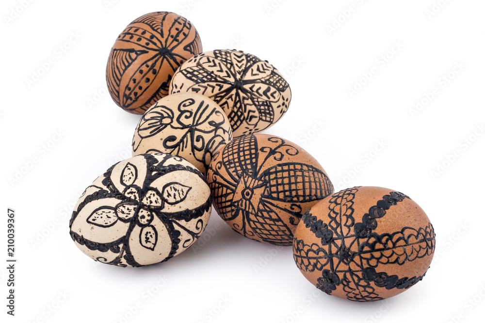 Raw Easter eggs prepared for colouring on white background