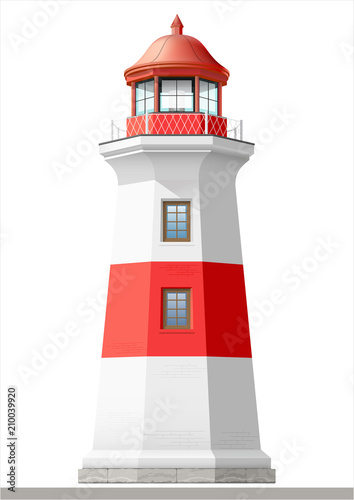 Bright sea lighthouse. Old building. Architecture. Vector graphics. The facade of red and white