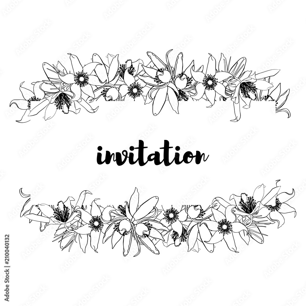 Hand drawn vintage floral banner black and white. Stock vector