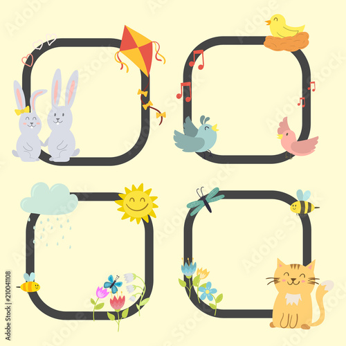 Spring vector frames natural floral symbols with blossom gardening beauty design and nature grass season branch springtime hand drawn elements illustration