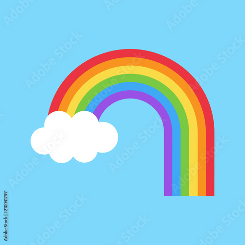 Simple colorful cute rainbow vector illustration. Rainbow with one cloud and extended one end on light blue background.