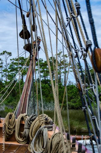 A small portion of the rigging that is used to control the Elizabeth II which is docked in Manteo  NC