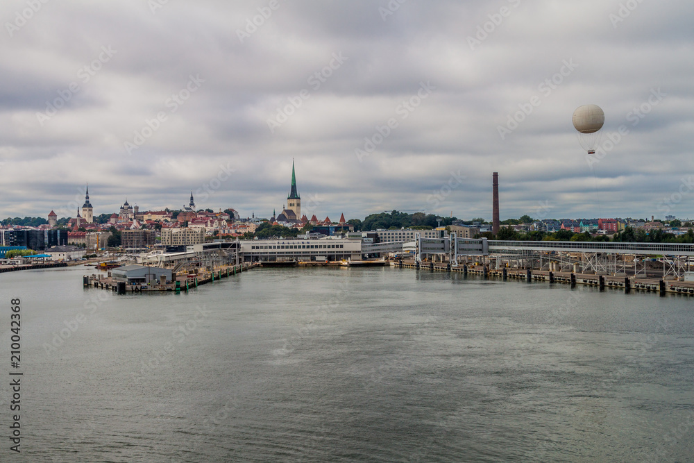 Ferry harbor and a skyline of Tallinn, Estonia
