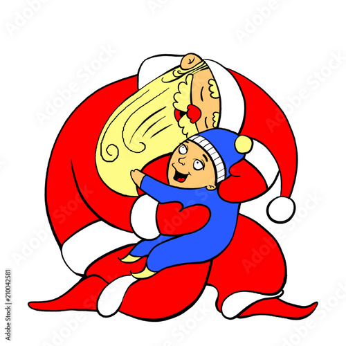 Santa Claus gently holds on his hands and hugs a joyful child