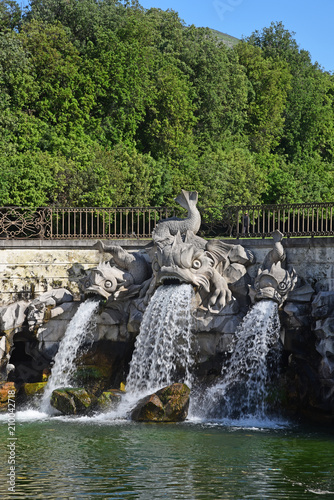 Dolphins fountain in the Royal Palace Garden, Caserta, Italy.