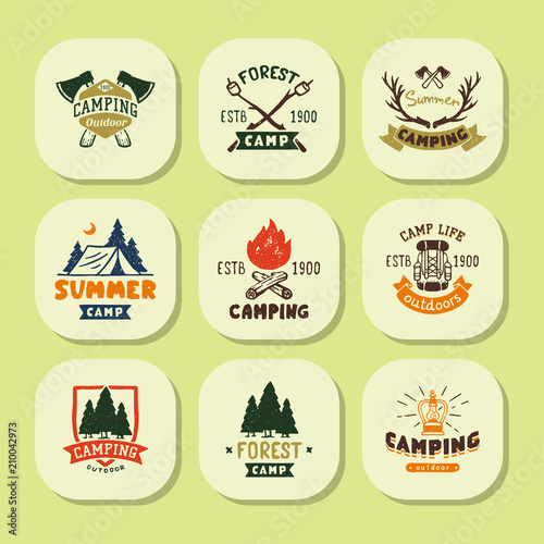 Set of vintage woods camp badges and travel logo hand drawn emblems nature mountain camp outdoor vector illustration.