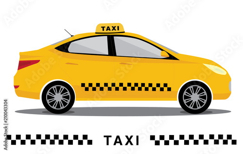 Yellow isolated taxi cab car. Vector flat illustration. Poster for taxi service