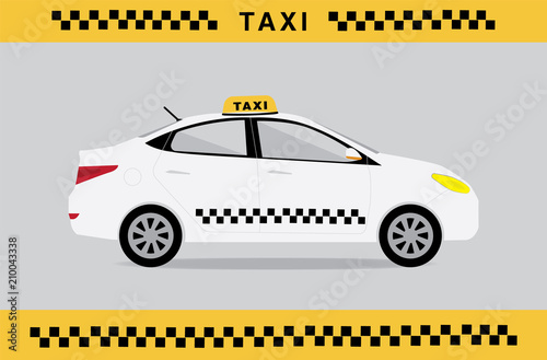 White taxi car. Vector flat illustration. Poster for taxi service