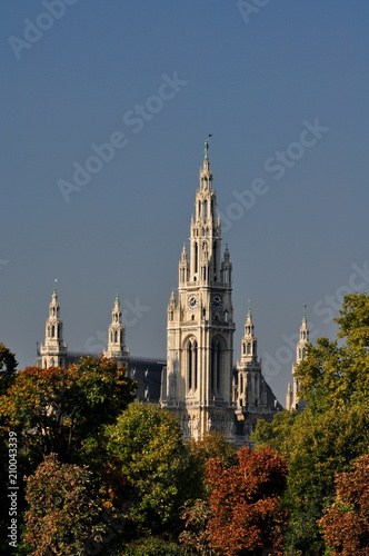 Turmspitzen des Wiener Rathauses hinter Bäumen