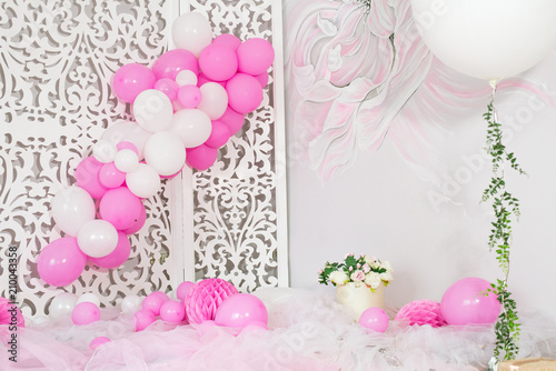 First birthday balloons and flowers decorated party