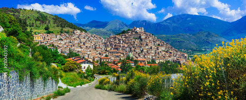 Breathtaking Morano Calabro  11K panorama. One of the most beautiful medieval villages of Italy on hill. Calabria green countryside scenery. I Borghi più belli d'Italia, Green valley landscape