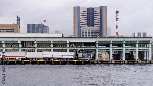 View of the famous Tsukiji fish market in the Chuo district of Tokyo, Japan, Asia, seen from the Sumida river