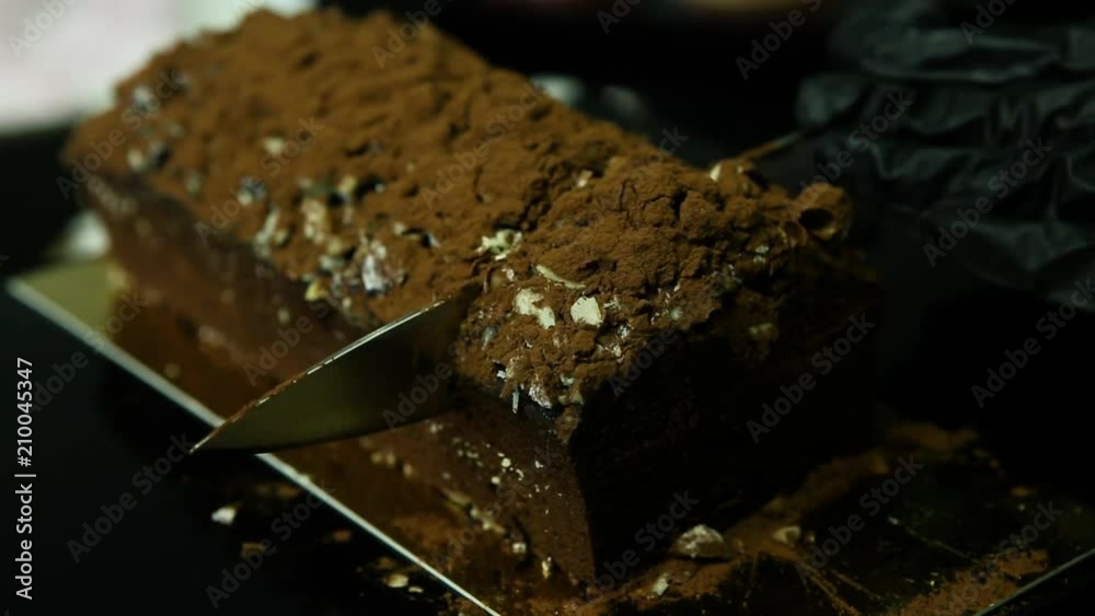 confectioner hands into pieces tasty chocolate dessert into pieces
