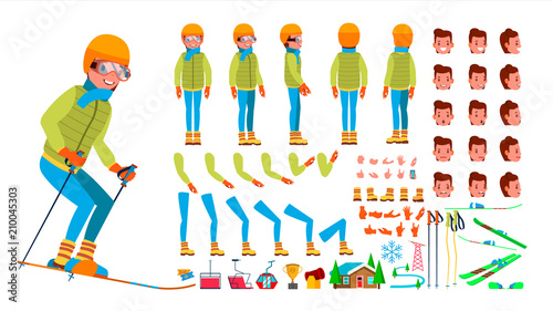 Skiing Male Vector. Animated Character Creation Set. Man Full Length, Front, Side, Back View, Accessories, Poses, Face Emotions, Gestures. Isolated Flat Cartoon Illustration