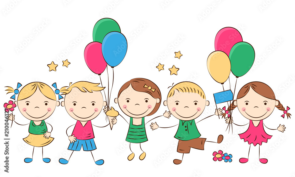 Happy cartoon children with colored balloons. Funny boys and girls. Holidays, vacations, weekends. Vector illustration Happy cartoon children with colored balloons. Funny boys and girls. Holidays, vacations, weekends. Vector illustration
