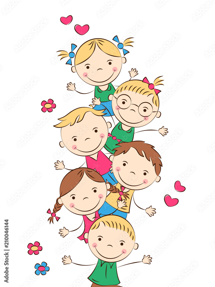 Happy doodle children. Funny cartoon boys and girls. Holidays, vacations, weekends. Vector illustration Happy doodle children. Funny cartoon boys and girls. Holidays, vacations, weekends. Vector illustration