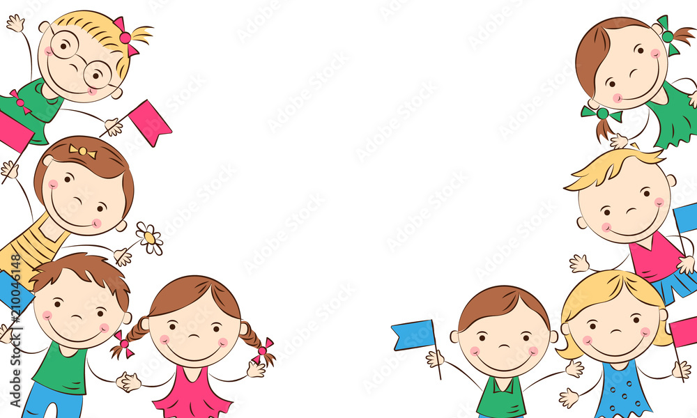 Cheerful cartoon children with colored flags. Happy boys and girls. Holidays, vacations, weekends. Place for your text. Vector illustration Cheerful cartoon children with colored flags. Happy boys and girls. Holidays, vacations, weekends. Place for your text. Vector illustration