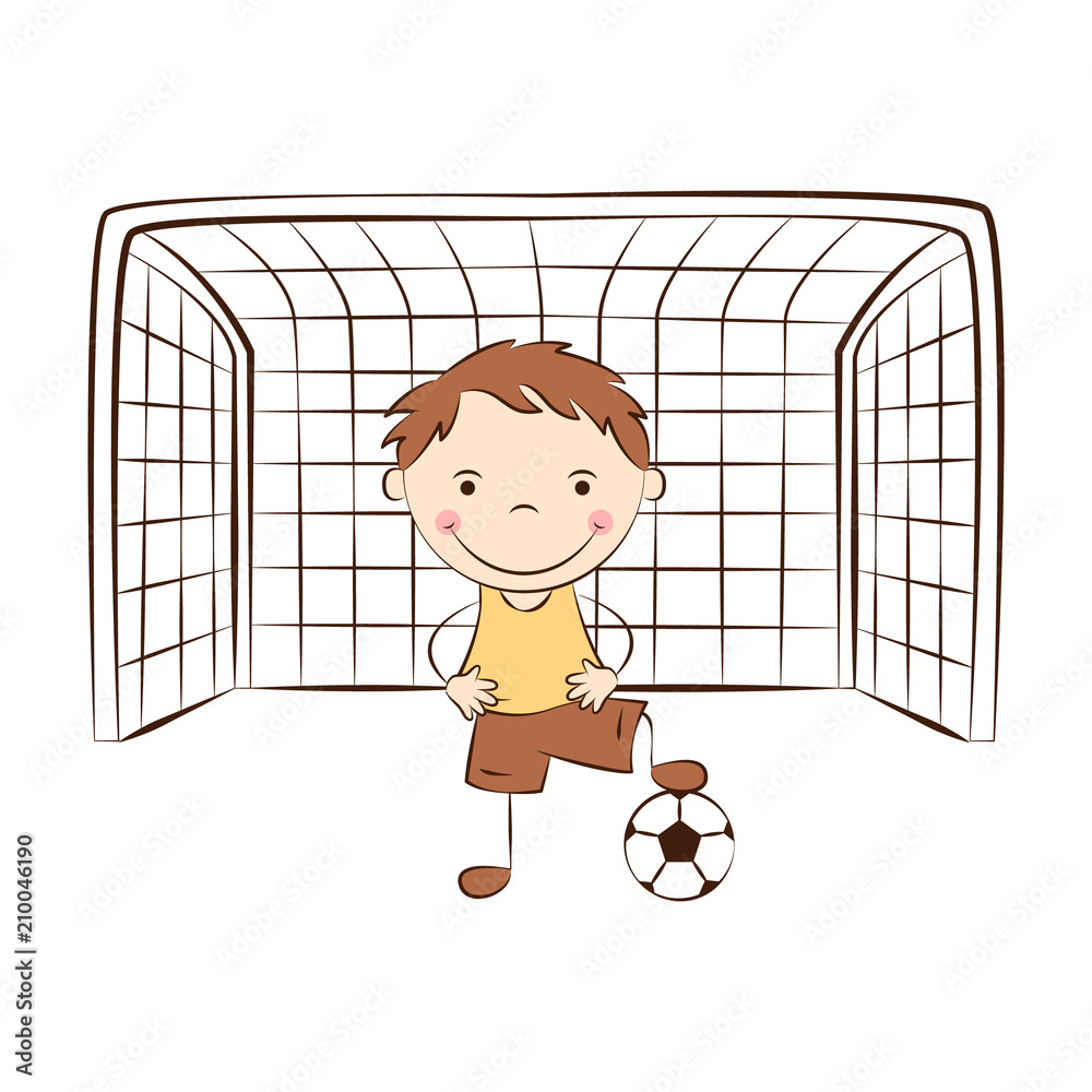 Happy cartoon goalkeeper stands at the gate. Funny doodle boy play football.  Kids sport activity. Vector illustration Stock Vector | Adobe Stock