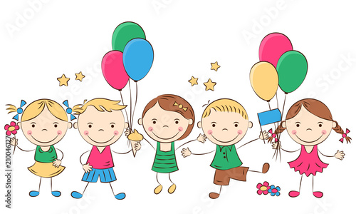 Happy cartoon children with colored balloons. Funny boys and girls. Holidays, vacations, weekends. Vector illustration