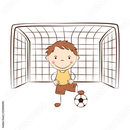 Happy cartoon goalkeeper stands at the gate. Funny doodle boy play football. Kids sport activity. Vector illustration