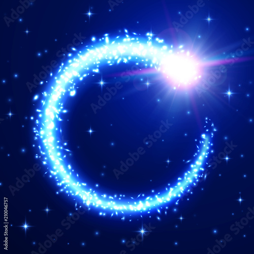 Flying meteor on blue starry night sky backdrop. Glowing light comet tail frame. Starry space background. Meteorite trail with glitter particles. Galaxy design. Cosmic shiny bright vector illustration