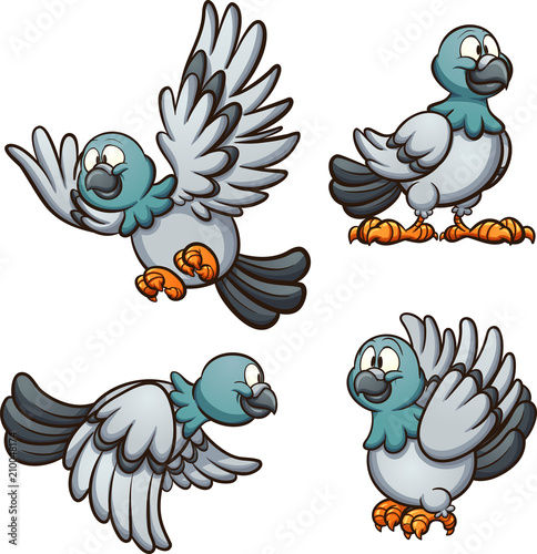 Cartoon pigeon in different positions. Vector clip art illustration with simple gradients. Each on a separate layer. 