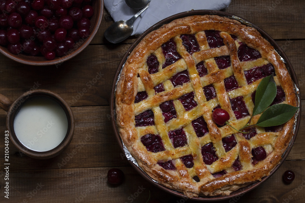 on the table baked hot American cherry pie on the table baked hot American cherry pie