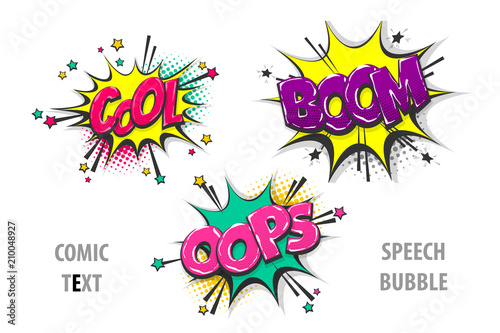 Set comic text speech bubble cool oops boom