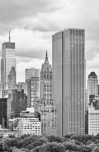 Black and white picture of New York City old and modern architecture, USA.