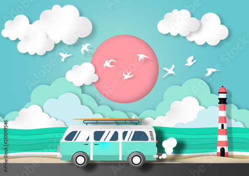 Paper art summer background with van car in summer beach view paper cut style vector