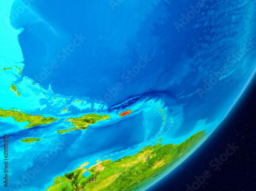 Orbit view of Puerto Rico in red