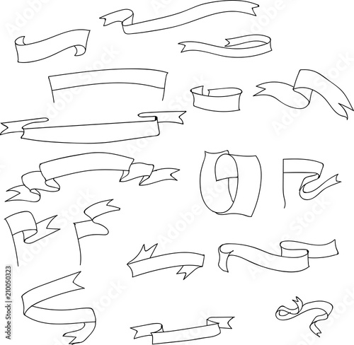 Decorative satin ribbons and flags sketch isolated on white.