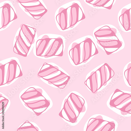 Hand draw marshmallow twists seamless pattern vector illustration. Pastel colored sweet chewy candies background.