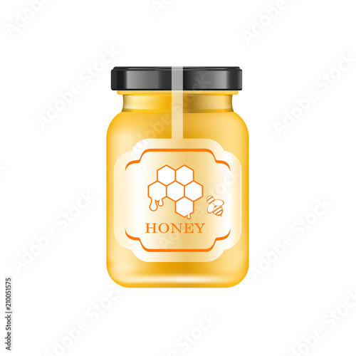 Realistic glass jar with honey. Food bank. Honey packaging design. Honey logo. Mock up glass jar with design label or badges. Vector illustrations.
